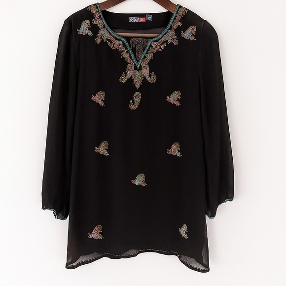 Phool Blouse Womens Medium Black Sheer Colorful Embroidery Boho Fairy Ethereal - Picture 1 of 9